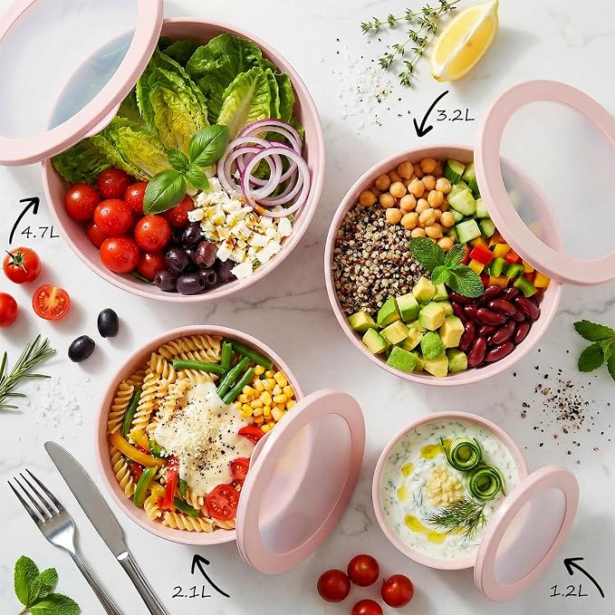 BoxedHome 4.97 Quarts Mixing Bowls with Lids Set, 4 Packs BPA-Free Plastic Prep Bowls for Kitchen, Dishwasher & Microwave Safe, Pink