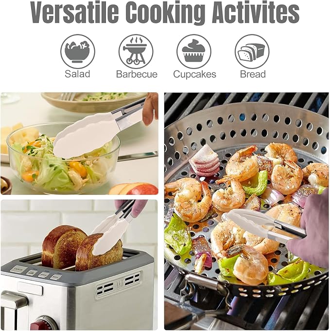 Hotec Silicone Kitchen Tongs for Cooking, 9-Inch, Set of 3, Khaki | Serving Tongs with Silicone Tips, Heat Resistance 600°F, Non-Slip Grip, Durable Spring Locking Mechanism