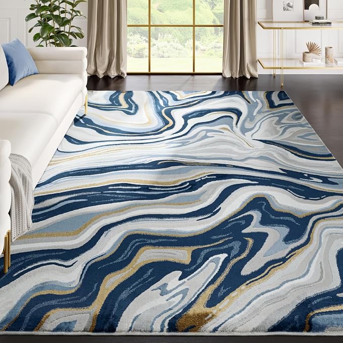 Abani Regal Collection Area Rug - Blue/Grey Abstract Wavy Design - 8' x 10' - Washable - Durable for Kids and Pets - Medium Pile - Soft Feel - for Living Room, Bedroom & Office