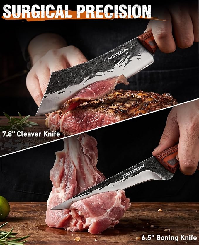 Naitesen 3PCS Hand Forged Butcher Knife Set with Gift Box | Very Sharp Full Tang Wood Handle Serbian Chef Knife, Cleaver and Boning Knife for Meat Cutting Kitchen, Camping & BBQ