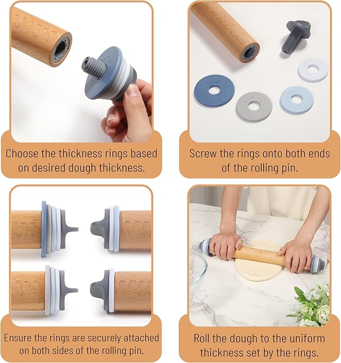 BAMBOO LAND- Adjustable Rolling Pin with Thickness Rings, 13.8", 4 Rings | 2-10 mm / 1/16"-3/8", Wood Rolling Pins for Baking Bread, Pizza, Doughs