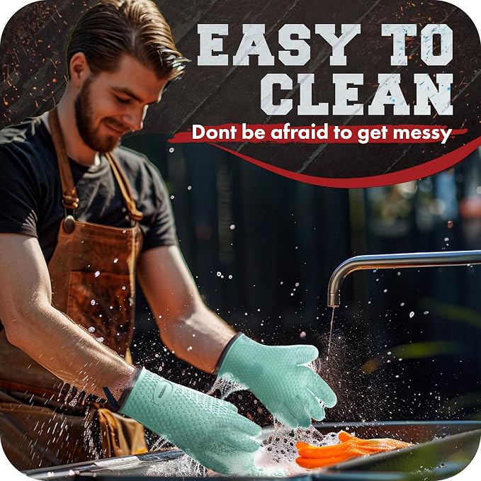 KITCHEN PERFECTION XL Silicone Smoker Oven Gloves-Extreme Heat Resistant BBQ Gloves-Handle Hot Food Right on Your Grill Fryer&Pit|Waterproof Grilling Cooking Baking Mitts|Superior Value Set+3 Bonuses