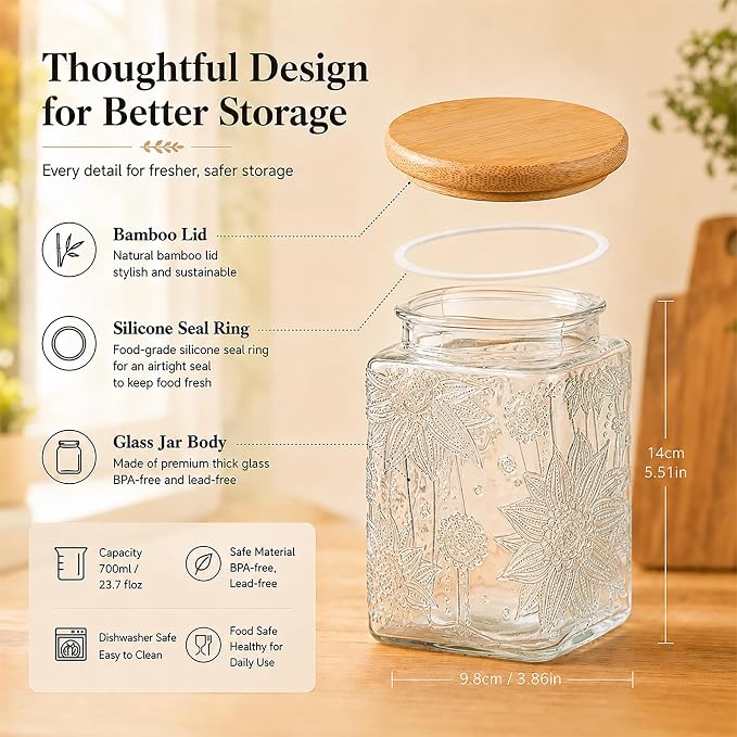 Glass Storage Jars With Airtight Lid, 23.7oz Canister For Kitchen Counter with Bamboo Lid, brown sugar, candy, coffee, cookie, salt, tea,pantry cute Jar (Square Sunflower)