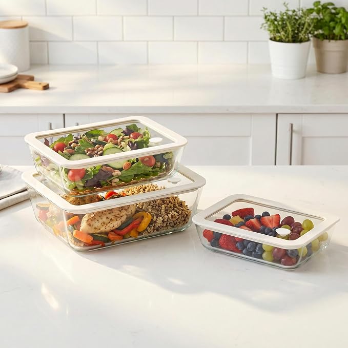 Glass Food Container Set with Silicone Glass Lid, 3 Pack, Airtight, LeakProof, 100% Plastic Free, Meal Prep Containers (White Color)
