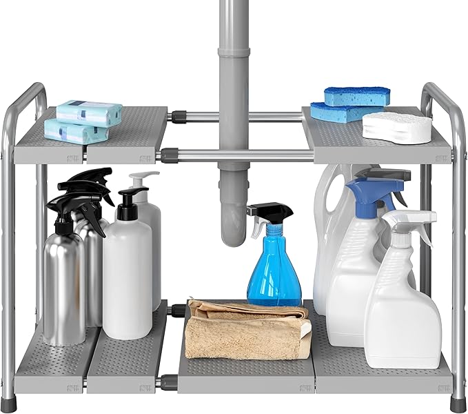 Simple Houseware Under Sink 2-Tier Heavy Duty Expandable Organizer, Silver | Adjustable Width 15.75–25 Inches with 4 Shelf Height Levels