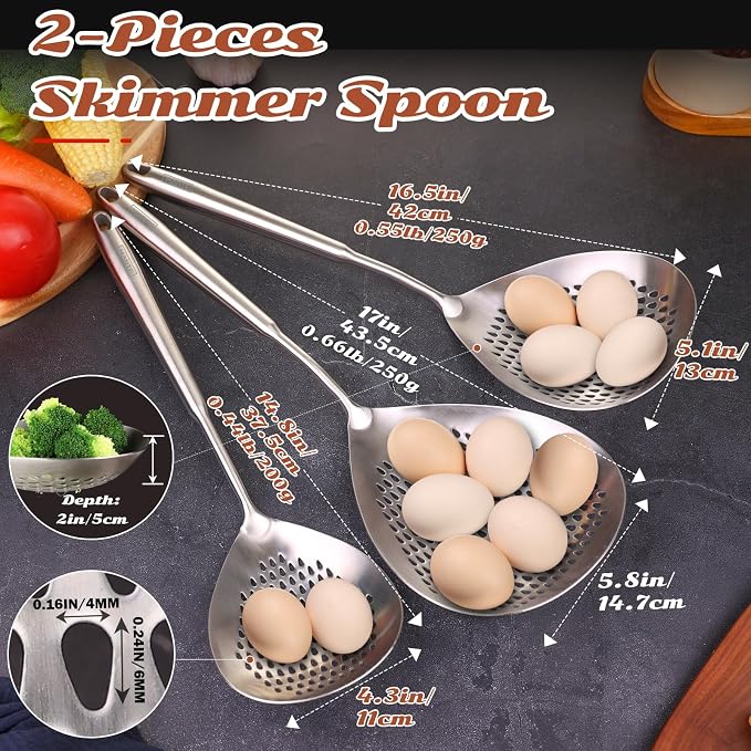 MARTE Skimmer Slotted Spoon,304 Stainless Steel Pasta Spider Strainer Ladle for Frying and Cooking, Set of 2 Colanders & Food Strainers，Kitchen Utensils Spaghetti Spoon with Heat-Resistant Handle