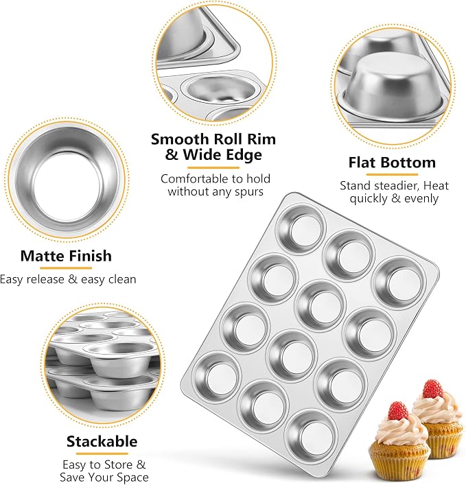 TeamFar 12-Cup Muffin Pan, Stainless Steel Muffin Tin | Metal Cupcake Baking Pan for Oven, Regular Size & Non Toxic, Easy Clean & Dishwasher Safe