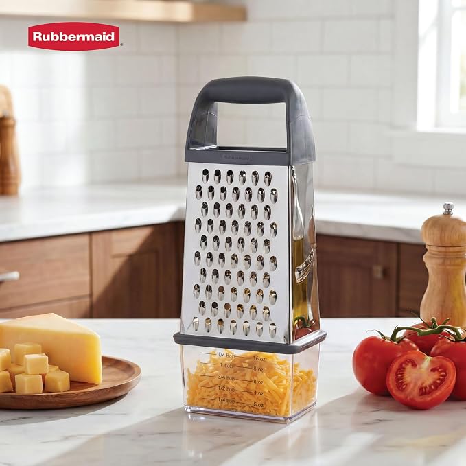 Rubbermaid EZ Grip Box Grater, Stainless Steel Cheese Grater & Container - BPA Free Multi-Surface Cheese Shredder & Food Grater for all Vegetables | Graters for Kitchen -Non-Slip Base, Dishwasher Safe