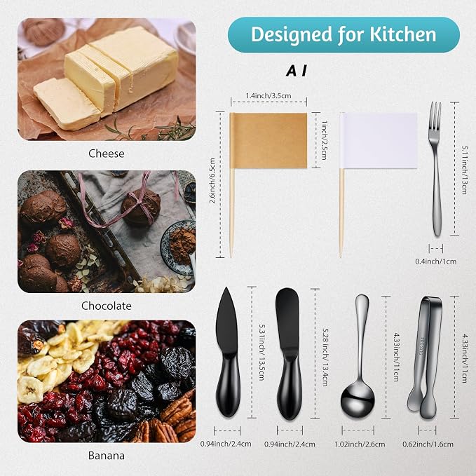 Patelai Charcuterie Board Accessories Cheese Spreader Knife Set Charcuterie Utensils Butter Knife Stainless Steel Mini Serving Tongs Spoons Appetizer Forks for Pastry(Black,20 Pieces)