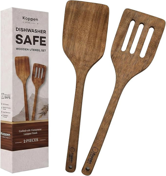 Dishwasher Safe Wooden Spatula Set, 2 Pcs Acacia Wood Solid & Slotted Turner for Nonstick Pans, Wok, Pancakes, Eggs, Fish, Long-Lasting, Water & Crack Resistant, Perfect for Flipping, Cooking, Frying