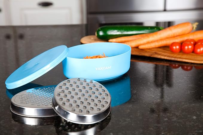YAKCAM Cheese Grater with Container Bowl, 4-Pc Shredder and Zester | Fine and Course Stainless Steel Blades | Nonslip Base | Vegetable and Citrus Zester | 7x4.75x2.75 in