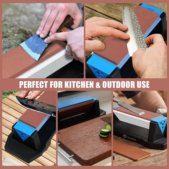 Large Knife Sharpening Stone, Tri-Stone Knife Sharpener, 3 Sides Grit 400/1000/5000, Whetstone Knife Sharpener with Non-Slip Base, Angle Guide & Leather Strop, for Kitchen Knives and Pocket Knives