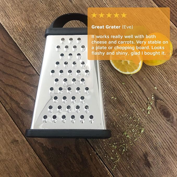 Jean-Patrique Stainless Steel Cheese Grater with Handle - Four-Sided Box, Dishwasher Safe - Pasmesan Cheese Shredder, Citrus Zester