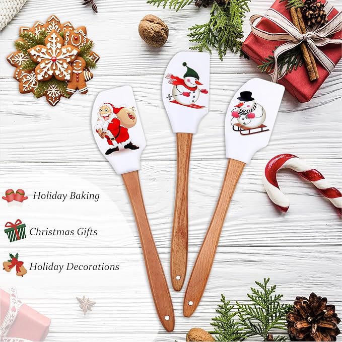 Silicone Spatula, Caliamary 3 Pieces Kitchen Silicone Spatula Set, Christmas Cake Decorating Spatula with Wooden Handle, Snowman Gingerbread Man and Santa Claus Pattern… (Santa Claus)