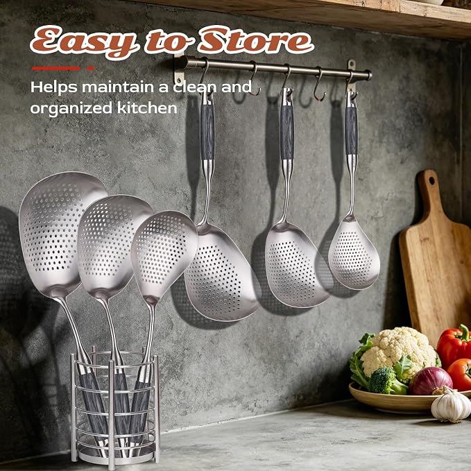 Skimmer Slotted Spoon - 304 Stainless Steel Mesh Strainer Spoon - 15in Large Slotted Pasta Spoon with Wooden Handle - Colanders & Food Strainers Spoon for Kitchen Cooking Draining and Frying