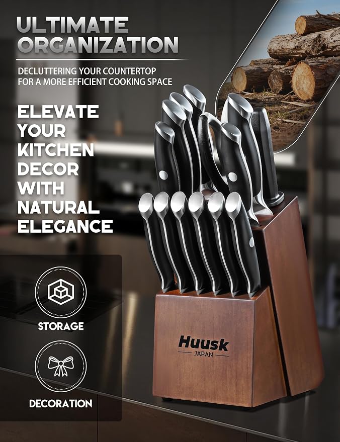 Huusk Knife Block Set - 14 Pieces Full Tang Japanese Kitchen Knives with Long-Lasting Edge & Natural Acacia Wood Block Ergonomic Knife Set as Elegant Gift for Men Women