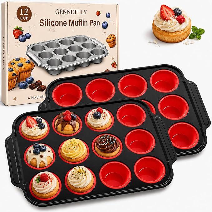 2 Pack Silicone Muffin Pans for Baking, 12-Cup Muffin Tin with Metal Frame | 2 Pack value, 12-Cup muffin pans, Reinforced metal frame, Easy release cups, Nonstick silicone, Oven & dishwasher safe