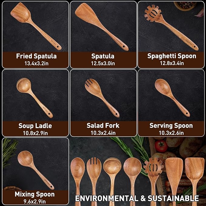 Wooden Spoons for Cooking,WOTTISH 7Pcs Wooden Cooking Utensils,Nonstick Wooden Spatula,Wooden Kitchen Utensils Set Non Toxic,Wooden Utensil Set(A07)