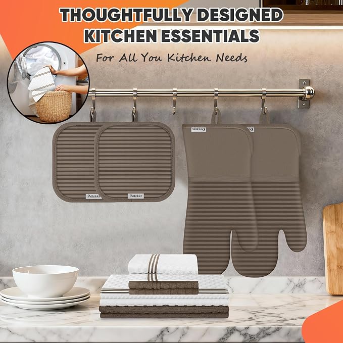 Oven Mitts Kitchen Towels and Dishcloths with Pot Holders Sets, Oven Gloves Hot Pads 500°F Heat Resistant with Silicone Grip, Include 2 Cooking Gloves/2 Potholders/4 Kitchen Towels/4 Dish Towels