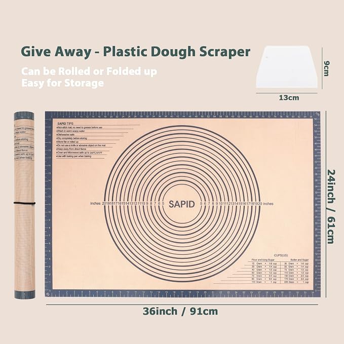 Sapid Thick Silicone Pastry Mat Baking Dough Rolling Extra Large 24" x 36" | Non-slip with Measurements for Non-stick Dough Rolling, Pie Crust, Kneading Mats, Countertop, Placement Mats (Gray)