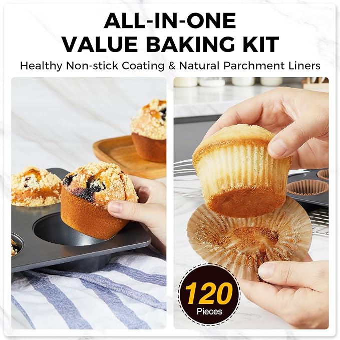 HONGBAKE Nonstick Jumbo Muffin Pan, 2 Pack Large Cupcake Tin with 120pcs Muffin Liners, Cup Cake Tray for Baking, 3.5dia, 6 Cup, Premium, Extra Thick