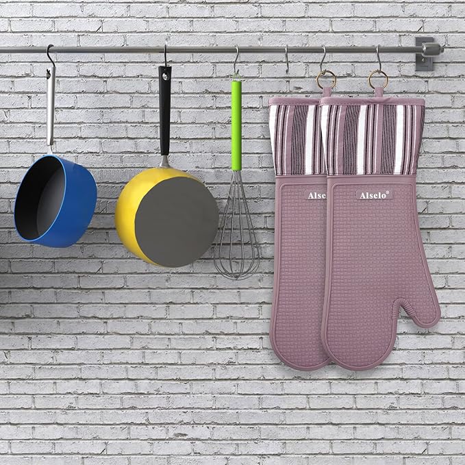 Alselo Silicone Oven Mitts Heat Resistant 550 Degree Extra Long Kitchen Gloves Pot Holders with Waterproof and Non-Silp for Baking Cooking Barbecue Microwave Machine Washable (Extra Long Purple, 2)
