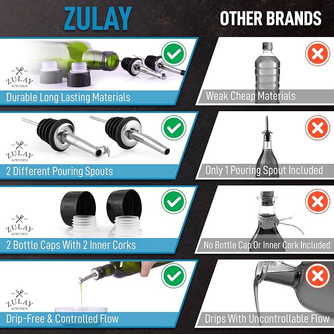 Zulay Kitchen (2 pack 17oz Olive Oil Dispenser Bottle For Kitchen - Glass Olive Oil Bottles With 2 Spouts, 2 Removable Corks, 2 Caps, & 1 Funnel - Oil Bottle For Kitchen & Storing Liquids