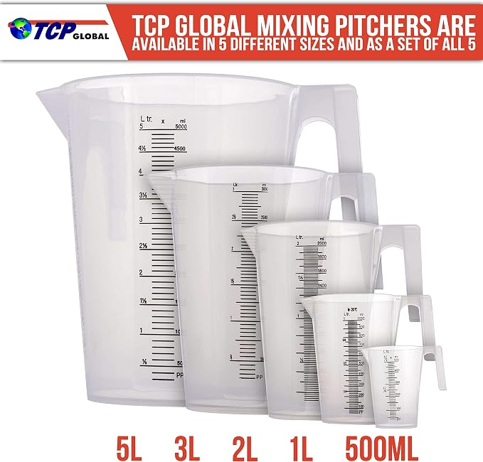 TCP Global 1 Liter (1000ml) Plastic Graduated Measuring and Mixing Pitcher (Pack of 6) - Holds Over 1 Quart (32oz) - Pouring Cups, Measure & Mix Paint, Resin, Epoxy, Kitchen Cooking Baking Ingredients