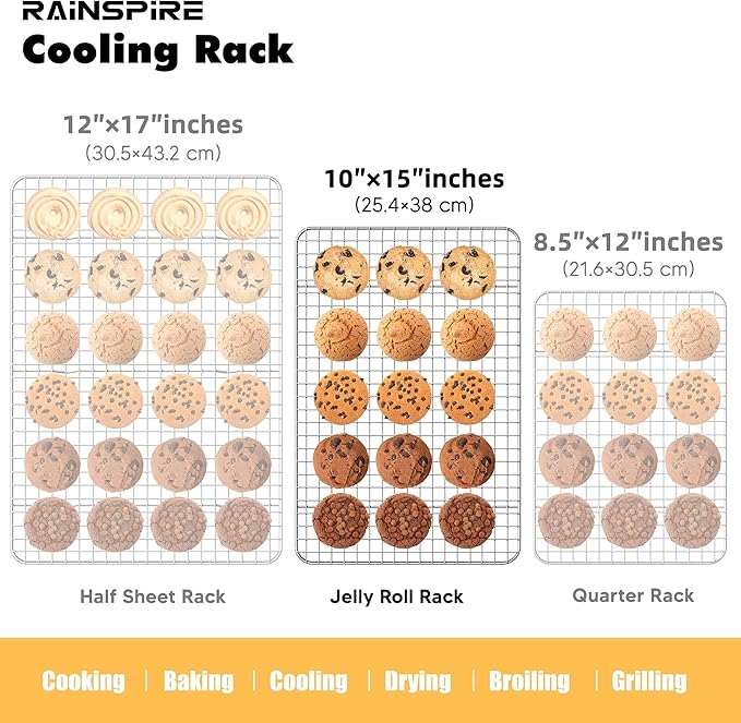Oven-Safe Dishwasher-Safe 100% 304 Stainless Steel Cooling Rack 10" x 15" Heavy Duty Tight-Wire Set of 2 Fits Jelly Roll Pan Half Sheet Pan