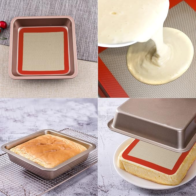 AMYONE Square Silicone Baking Mats for 9 Inch Baking Pan, Platinum, 2PCS | Food Grade Silicone for 9" Cake/Brownie Pan, for Cake/Bread/Pizza/Pastry/Cookie/Bun/Pie, Nonstick, Easy Clean, Reusable