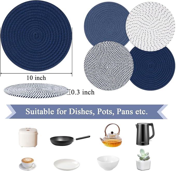 SHACOS 10 Inches Trivets for Hot Dishes, 4 Pieces Cotton Trivets Mats for Kitchen, Hot Pads for Countertops and Table, Heat-Resistant Pot Holders for Hot Pots and Pans(Blue, 4pcs)