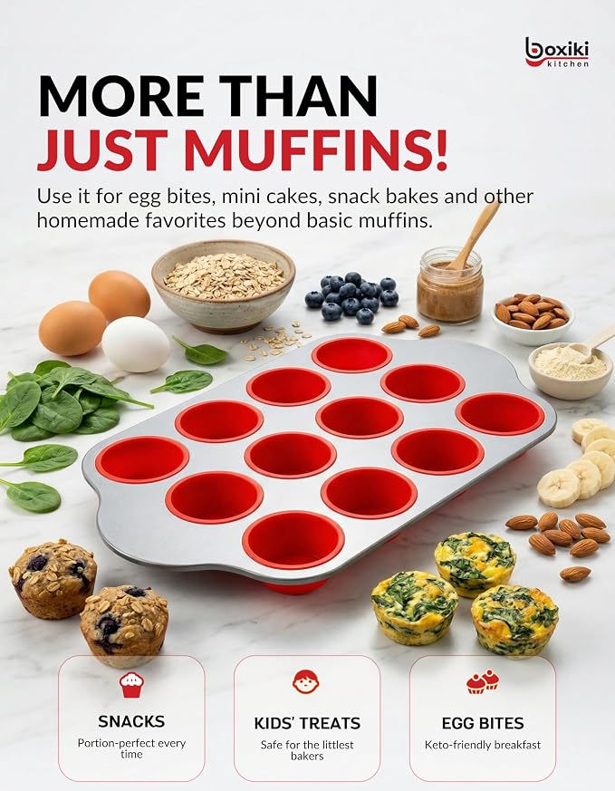 Non-Stick 12 Cup Silicone Muffin Pan with Steel Frame - BPA Free, Non-Toxic, Anti-Warp, Durable & Easy to Pop Silicone Muffin Tin - Perfect Cupcake Pan