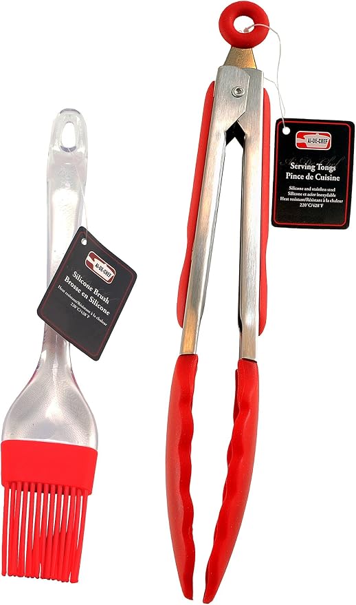 Silicone Baster and 9" Tong Set - Silicone Basting Brush, Pastry Brush, BBQ Brush - Non-Stick Silicone Tongs, Locking Head - Dishwasher Safe - Heat Resistant up to 428ºF. By Ai-De-Chef (2-Pack, Red)