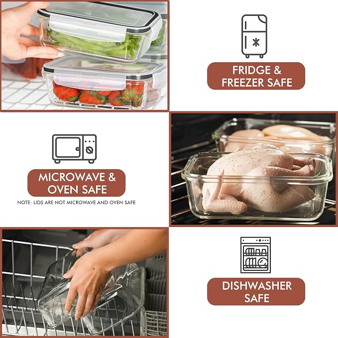 Razab 16 Pc (Set of 8) 30 Oz Glass Meal Prep Containers with Lids, Airtight Large Glass Food Storage Containers, Reusable Leak Proof BPA Free, Freezer to Oven and Dishwasher Safe