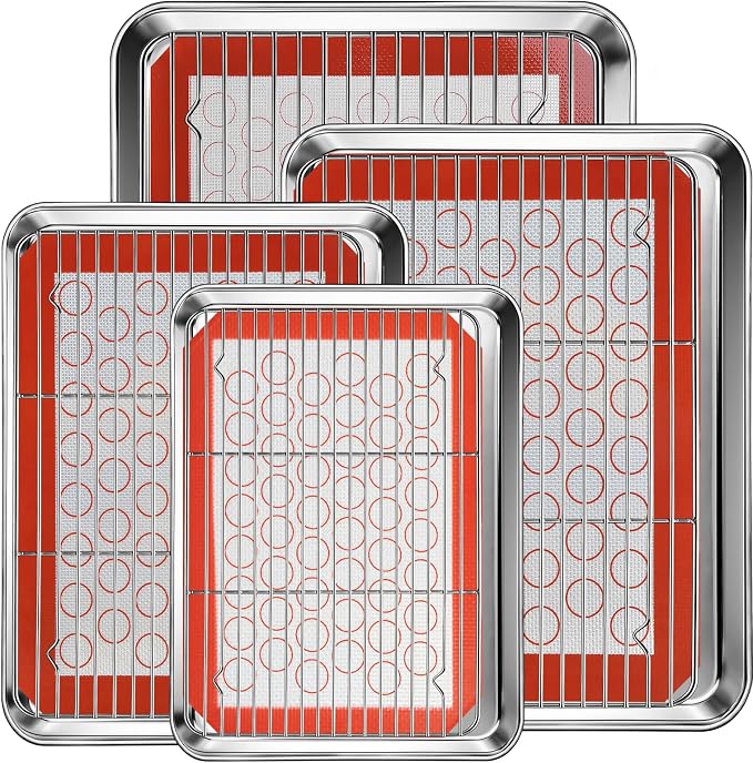 Baking Sheet Pan Set of 12, CEKEE Stainless Steel Cookie Sheets for Baking with Cooling Rack Silicone Baking Mat, Small/Quarter/Jelly Roll Pan, 9/10/12/16 Inch, Heavy Duty & Non Toxic & Easy Clean