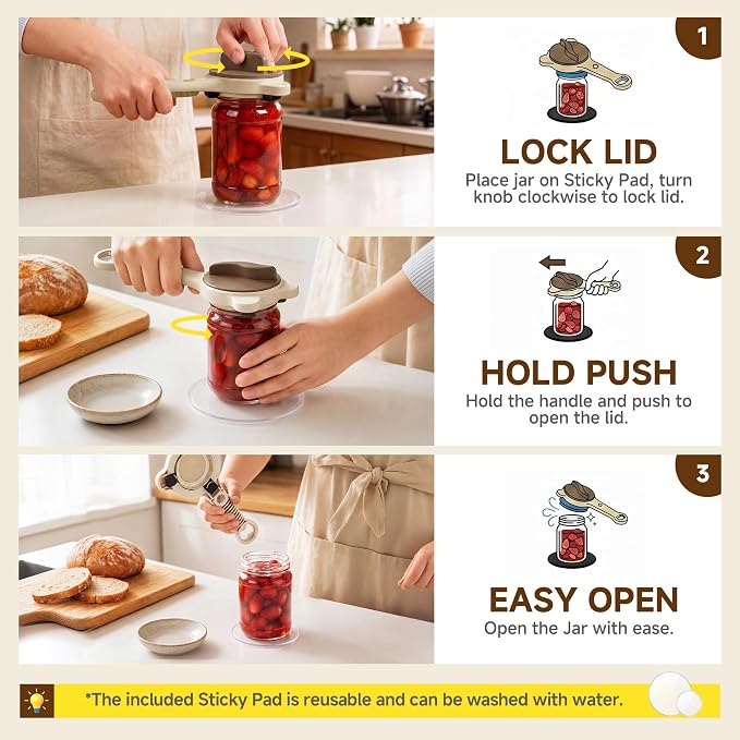 2026 Upgraded 4-in-1 Jar Opener - Adjustable Stainless Steel Lid Remover for Seniors & Arthritis Sufferers (Brown)
