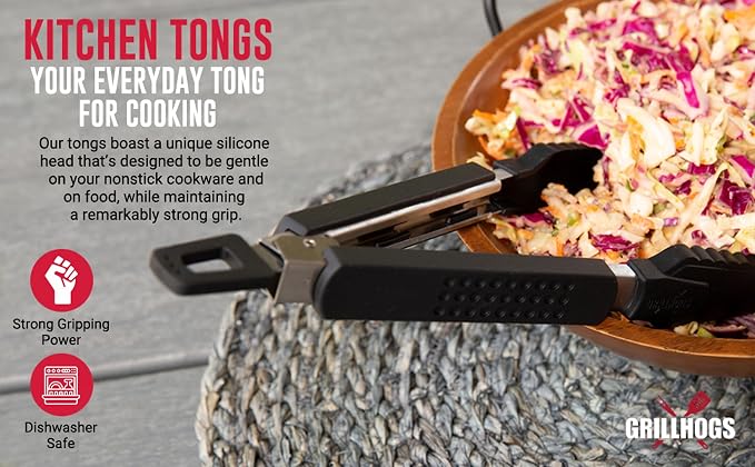 9-Inch Kitchen Tongs Your Everyday Tong for Cooking, Dishwasher Safe, Stainless Steel + Soft Touch Rubber Handle, Non-Stick Silicone Head, Premium Cooking Tongs