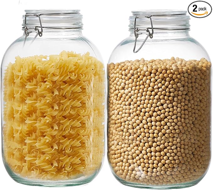 2 Pack 1 gallon Food Storage Jars with Airtight Lids, Preserving Seal Wire Clip Fastening Glass Containers, Canisters for Kitchen, Flour, Cereal, Pasta, Sugar, Beans, Pickling Jars(1 Gallon*2)
