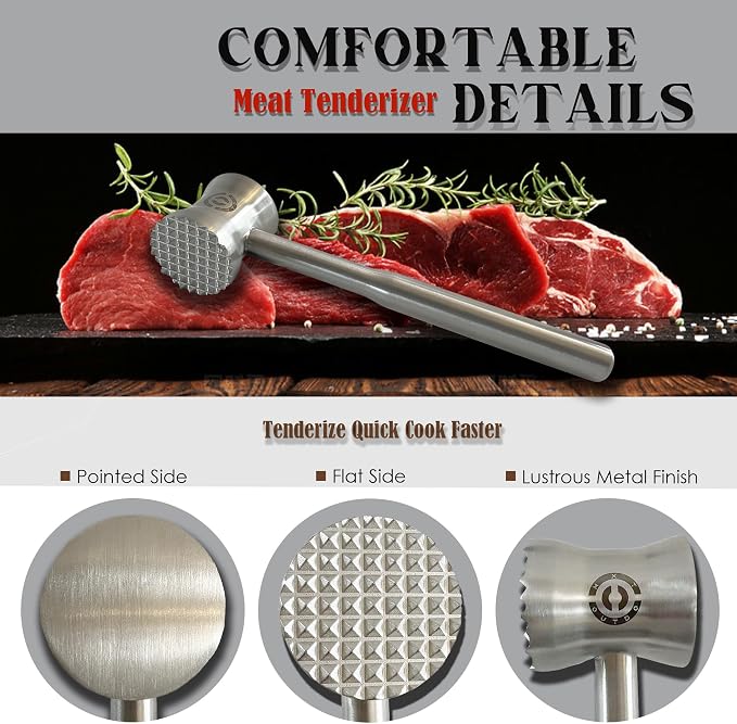 Stainless Steel Meat Tenderizer Tools, Heavy Duty Kitchen Meat Hammer with a 4-hole Silicone Ice Box,Meat Mallet Meat Pounder Waisted Model Designed For Steak, Chicken, Beef, Pork, Nuts