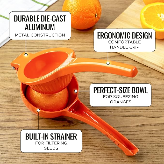Zulay Kitchen Premium Metal Orange Squeezer – Heavy-Duty Manual Citrus Juicer for Maximum Juice Extraction – Ergonomic, Easy to Clean, Dishwasher Safe (Orange)