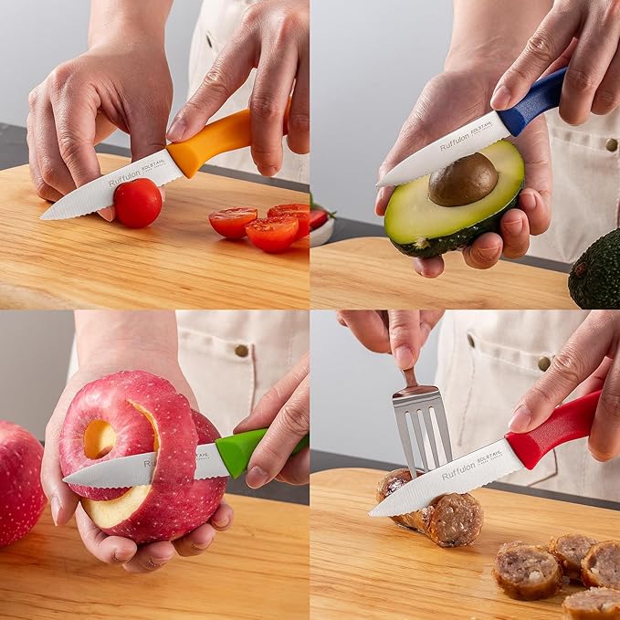 Stainless Steel Paring Knife With Serrated Blade, 6 Pieces Set Vegetable and Fruit Knife, Ultra Sharp Small Kitchen Knife, Colorful Paring Knifves with PP Plastic Ergonomic Handle.