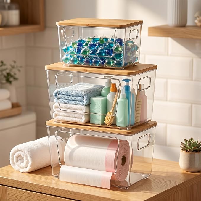 spospo 3 Pack Trash Bag Holder with Bamboo Lid Stackable Trashbag Dispenser | Extra Large Garbage Bag Holder for Kitchen Laundry Room Under Sink Organization and Storage