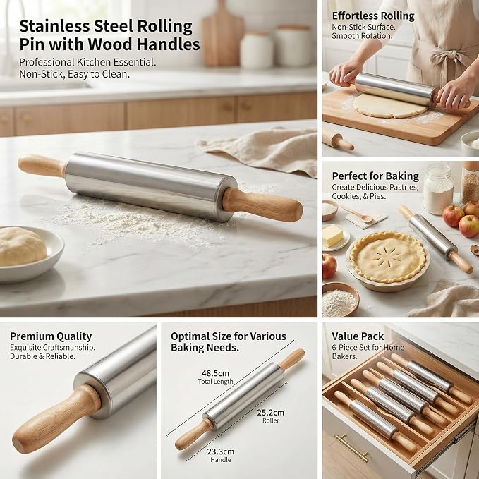FOLAI 6-Piece Stainless Steel Rolling Pin Set with Wooden Handle, 18.9 x 1.96 inch, Non-Stick Surface, Children's Rolling Pin, for Baking Cakes, Pizza, Fondant, Cookies