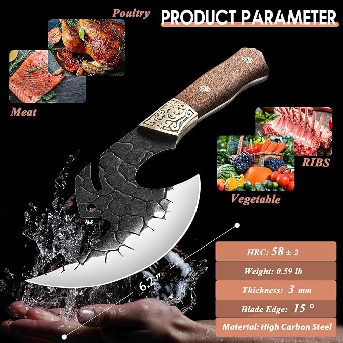 ROCOCO Viking Cleaver Knife Birthday - Full Tang Kitchen Axe Gift Men | Hand Forged Butcher Meat Cutting Boning Knife Home Outdoor BBQ Camping Birthday Father Mother Gift