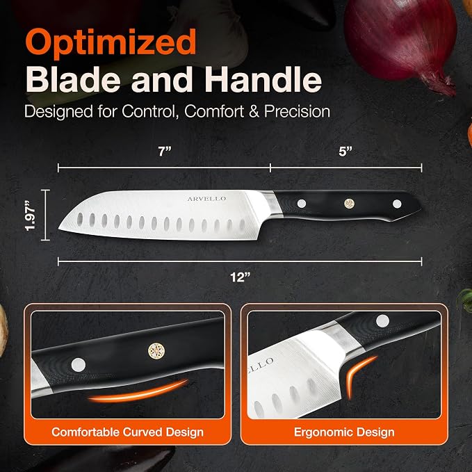 ARVELLO Santoku Knife - 7-Inch Japanese-Style All Purpose Knife for Home Cooks & Professional Chefs - German High Carbon Stainless Steel Blade, Full Tang, G10 Handle, Ultra-Sharp Edge