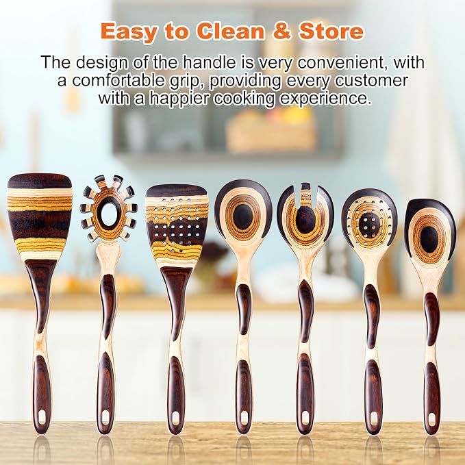 Kitchen 7Pcs Pakkawood Utensils Set, Wooden Cookware Sets | Wooden Spoons for Cooking, Easy to Clean, Eco-Friendly, Non-Stick, Non Toxic, Comfort Grip, Housewarming Kitchen Gifts