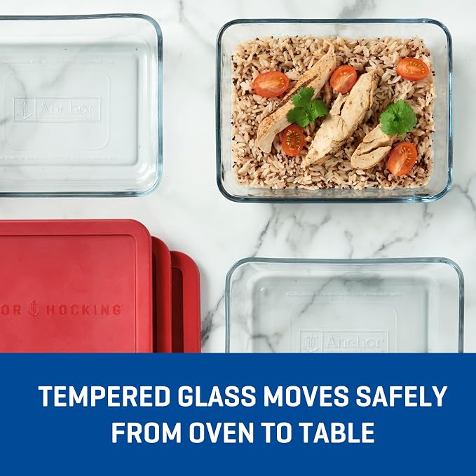 Anchor Hocking SnugFitTM Rectangular Food Storage Containers with Lids (4-Piece, 6-cup, Red, oven-safe)