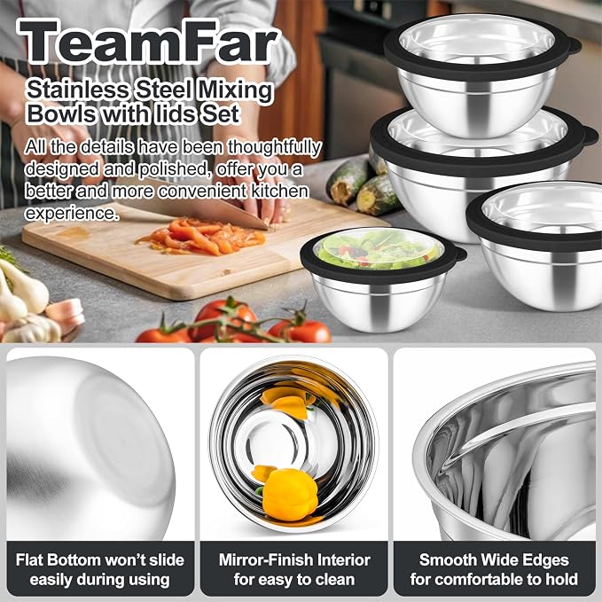 TeamFar Mixing Bowls Set, Stainless Steel Salad Bowl with Lids, Black | 4.5/3/1.5/1/0.7 QT, Metal Nesting Bowls with Visible Airtight Lids, For Serving/ Mixing/ Storing, Dishwasher Safe, Set of 5