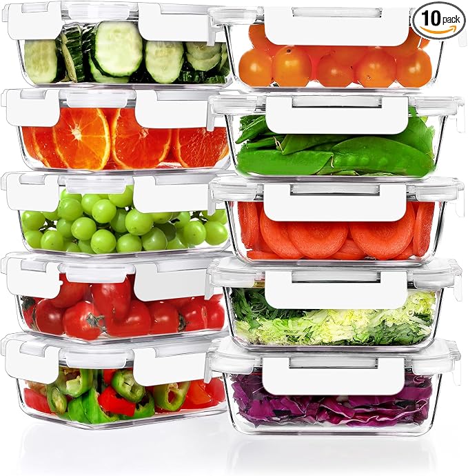 VERONES 10 PACK 22 OZ Glass Meal Prep Containers Set with Lids, White | Airtight Glass Lunch Containers Set, Glass Food Storage Containers, for Microwave, Oven, Freezer & Dishwasher Friendly