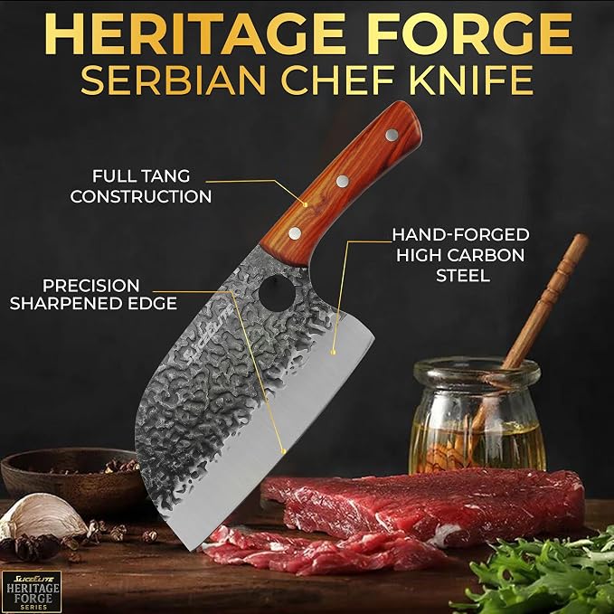 Serbian Chef Knife Vegetable Chopper Meat Cutting Kitchen Knife Food Prep | Hammered Pattern Forged Steel • Full Tang • Sandalwood Handle • Chopping • Slicing • Kitchen • BBQ • Grilling • Outdoor